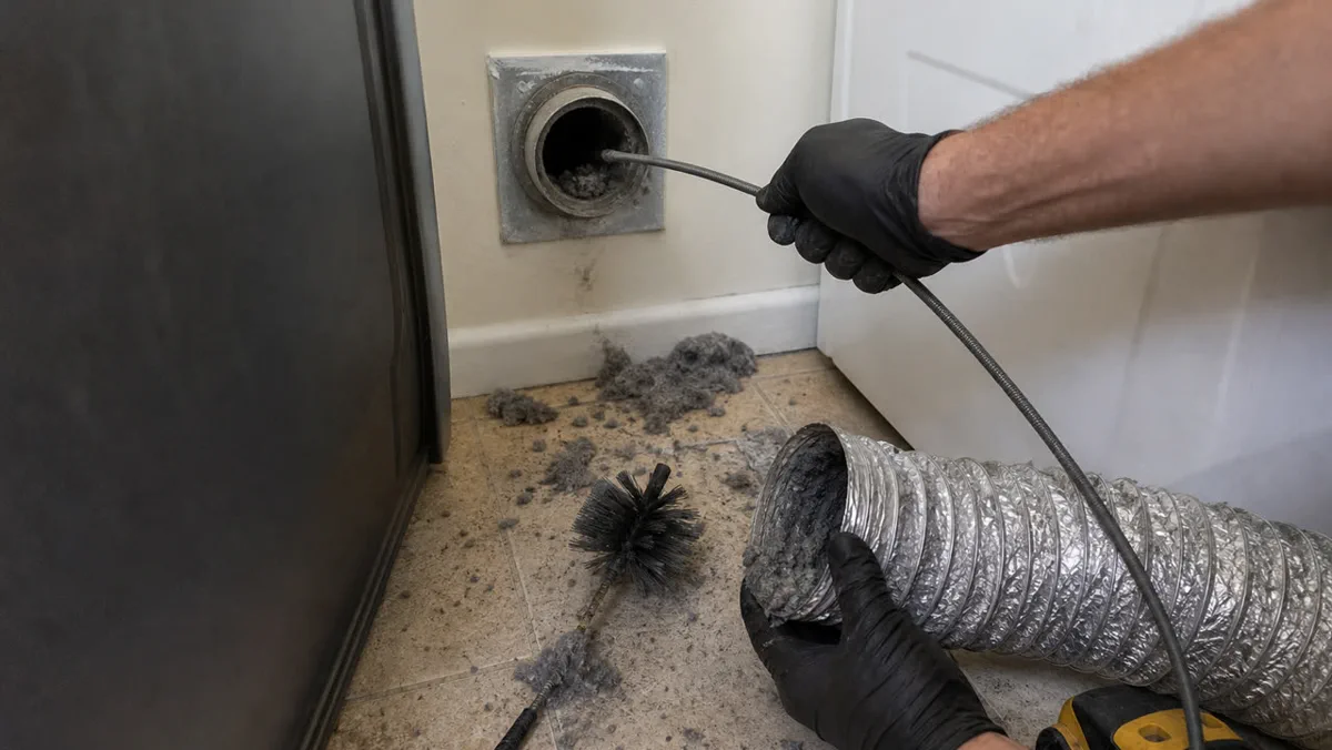 Lint being removed from a clogged residential dryer vent