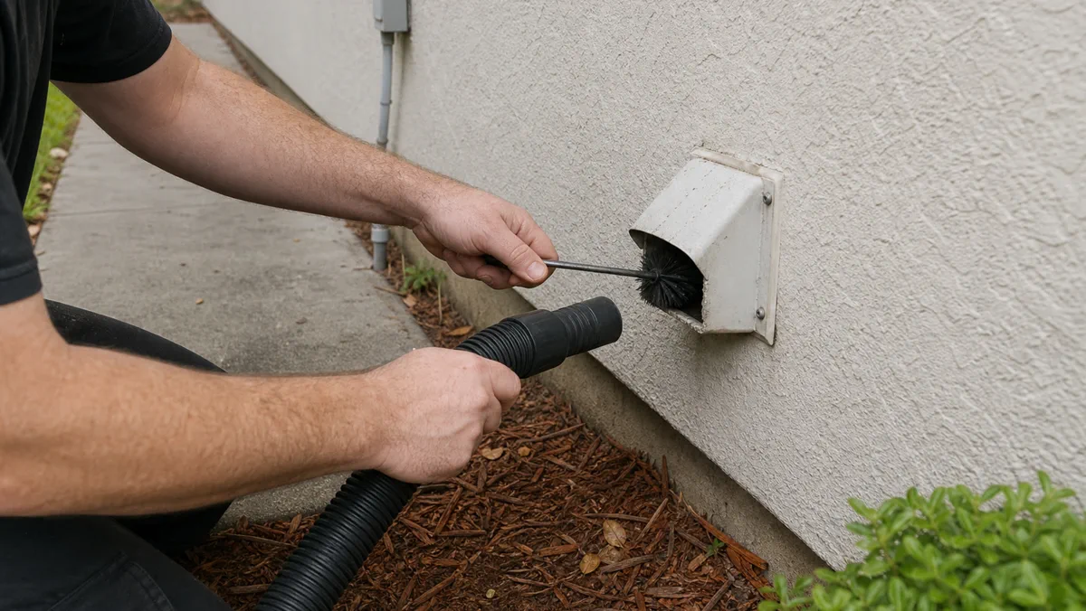 Cleaned dryer vent connection behind a laundry room dryer in Orlando